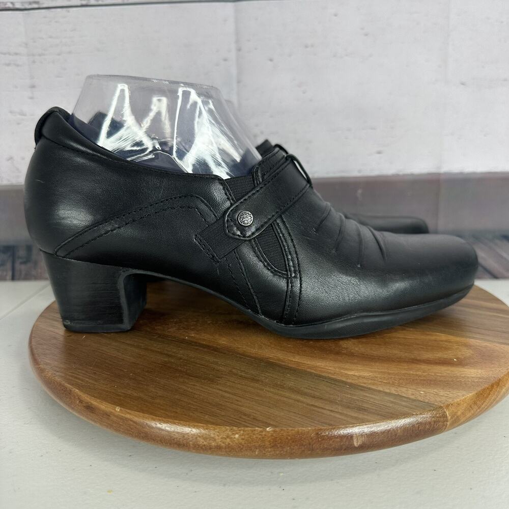 Clarks Shoe Womens 9.5 M Black Leather Slip on‎ Bootie Comfort Cushion Wedge